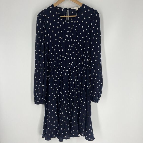 Boden Mini Dress Size 8 Women Navy Pleated Peplum Long Sleeve Polka Dot Print - Picture 1 of 8